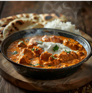 Bowl of steaming hot butter chicken gravy on a rustic wooden board with naan and rice for butter chicken recipe