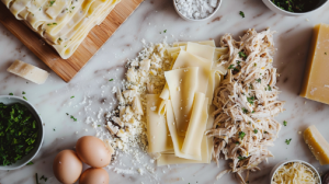 Fresh lasagna sheets, shredded chicken, eggs, cheese, and herbs needed for chicken lasagna recipe on a white background. 