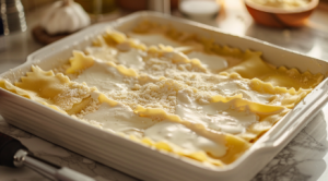 A baking dish filled with layers of lasagna sheets, shredded chicken, cheese, herbs, and creamy sauce, ready to be baked made following the chicken lasagna recipe.