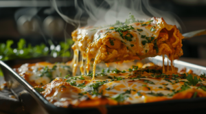 Steaming hot butter chicken lasagna being lifted from the baking dish.The final stages of the chicken lasagna recipe.