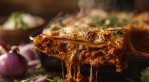 Close-up of steaming hot chicken kheema lasagna being lifted from the baking dish an Indian twist to the chicken lasagna recipe.