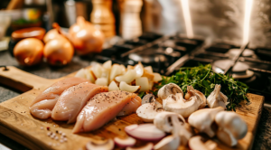 Fresh chicken breasts, garlic cloves, and sliced onions needed for chicken stroganoff recipe on a wooden chopping board with gas stove burners in the background.