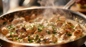 Creamy chicken stroganoff cooking in a skillet, with mushrooms and herbs, on a stove. Easy and simple chicken stroganoff recipe.