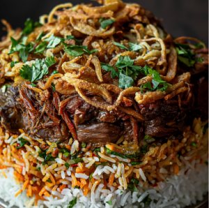 Bowl of aromatic mutton biryani layered with rice, flavoured rice, tender mutton, and crispy fried onions.