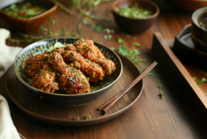 A bowl of crispy Japanese fried chicken garnished with spring onions, served with a side of dipping sauce.