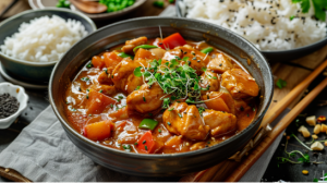 A bowl of Japanese fried chicken curry with tender chicken pieces, carrots, and potatoes, served with a bowl of steamed rice on the side.