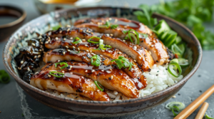 A bowl of Japanese fried chicken teriyaki served on a bed of fluffy white rice, garnished with sesame seeds and spring onions.