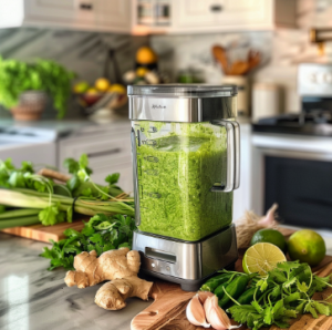 A blender filled with a vibrant Thai green curry base, surrounded by fresh ingredients like green chillies, garlic, ginger, lemongrass, and herbs for green chicken dish recipe