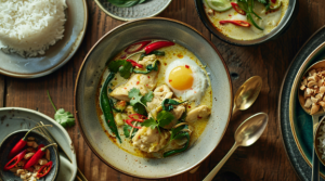 A bowl of green Thai chicken curry with a sunny side up egg, served with a side of jasmine rice sprinkled with peanuts for green chicken dish