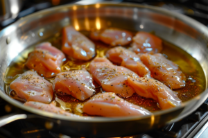 Chicken breasts frying in a pan with olive oil and butter mixture. The first stage of making chicken piccata dish.