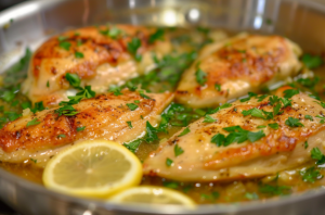 Chicken breasts simmering in a rich sauce of olive oil, butter, garlic, chicken broth, capers, and lemon juice to make chicken piccata dish.