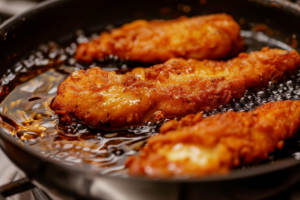 Close-up of marinated chicken strips frying in a pan.The most important step of dragon chicken recipe.