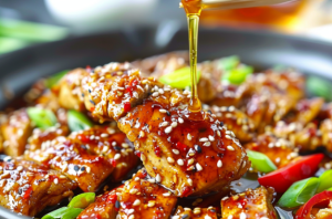 Honey being drizzled over dragon chicken, the final stages of the dragon chicken recipe.