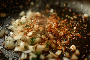 Finely chopped onions and spices frying in a pan, preparing methi chicken curry.