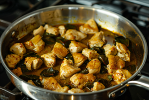 A pan of methi chicken curry simmering with fenugreek leaves and onions