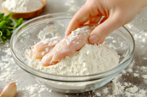 A bowl of flour with a hand coating chicken breast pieces, the first stage of chicken parmesan recipe