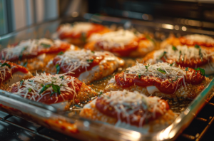 Baking tray with chicken cooking in sauce, topped with melted parmesan cheese, the final stages of chicken parmesan recipe