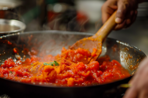 A pan of vibrant tomatoes sizzling with aromatic spices, the beginnings of a mouth-watering palak chicken recipe.