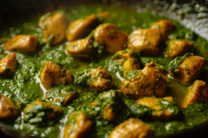 A pan of tender chicken cubes simmering in a vibrant spinach gravy.The final stages of the palak chicken recipe.