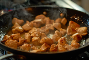 A pan of boneless chicken cubes frying, getting ready to make Chicken Alfredo pasta.