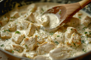 A pan of boneless chicken cubes simmering in a rich, creamy Alfredo sauce with a generous sprinkling of Parmesan cheese for chicken alfredo pasta.