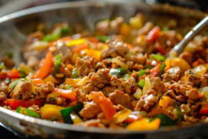 A sizzling pan of colourful bell peppers and minced chicken cooking for bolognese sauce chicken spaghetti recipe