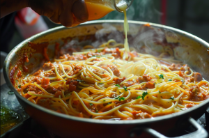 Pouring chicken broth into chicken bolognese to reheat it for bolognese sauce chicken spaghetti recipe