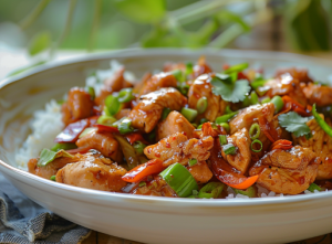 A bowl of chicken sukka masala with rice for ultimate chicken sukka recipe