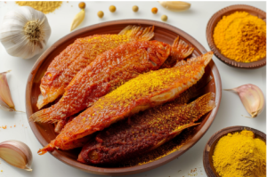 A bowl of marinated bombil fish for bombay duck fish rava fry with aromatic spices with ingredients around