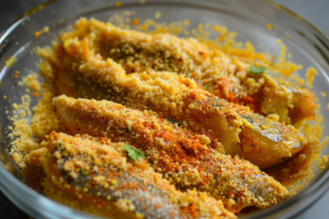 A bowl of marinated bombil fish coated in rava, ready for frying for bombay duck fish rava fry