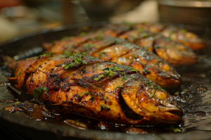 Marinated pomfret fish frying in a pan with a golden-brown crust for fish tawa fry recipe