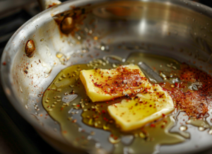 Butter melting in a hot pan with chilli powder for butter lemon fish recipe