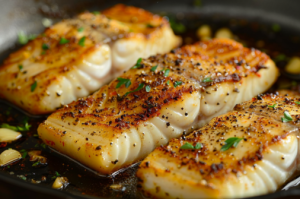 Pan of fish fillets sizzling in garlic and butter for butter lemon fish