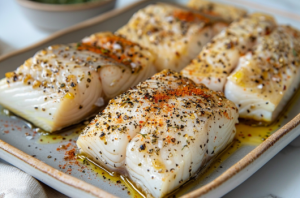 A plate of marinated basa fillets seasoned with olive oil, garlic powder, paprika, salt, and pepper, ready to be baked for basa fish dish recipe.