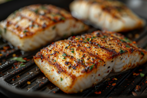 Marinated basa fillets being grilled in a pan with golden edges for basa fish dish recipe.