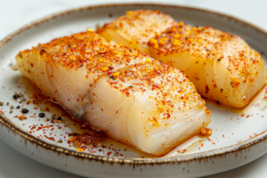 A plate of fresh tilapia fillets marinated by fresh spices and other ingredients for preparing roast fish.