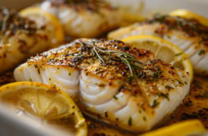 Marinated tilapia fillets baking in a pan releasing delicious juices for roast fish recipe