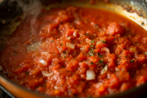 A pan of sizzling onions and rich tomato base getting ready to make kadai chicken.