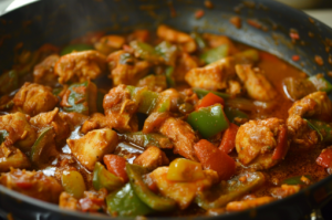 A pan of sizzling Kadai Chicken being cooked with vibrant spices.