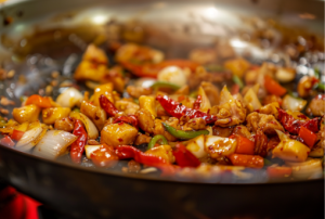 A vibrant skillet of onions and vegetables being sautéed to prepare Kung Pao chicken.