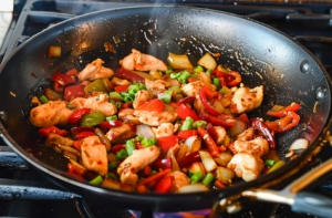 A wok of sizzling Kung Pao chicken with colourful vegetables.