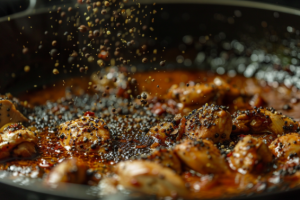 A hand sprinkling pepper powder into a sizzling pan of pepper chicken