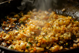 Finely chopped onions sautéing in a pan for creamy lemon chicken.