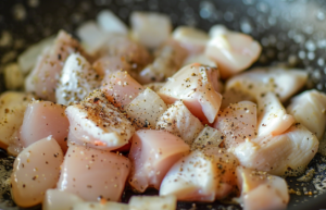 A sizzling pan filled with golden brown chicken breast cubes in a rich, glistening butter garlic sauce for garlic butter chicken recipe