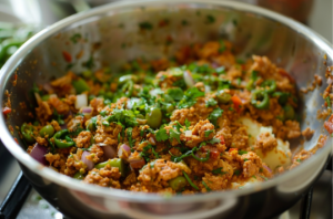 A bowl filled with a seasoned mashed chicken mixture, ready for shaping into cutlets for chicken cutlet recipe.