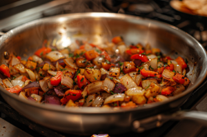 onion and red bell peppers sautéing with spices in a pan for chicken quesadilla recipe