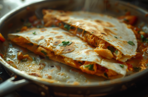 Chicken quesadillas frying in a pan, golden brown and delicious getting ready for chicken quesadilla recipe