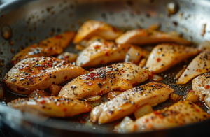 Chicken breast strips frying in a pan, ready to be used in a delicious chicken burrito recipe.