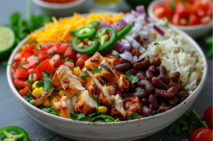 A vibrant chicken burrito bowl with grilled chicken, colourful vegetables, black beans, and fluffy rice, drizzled with a zesty lime crema for chicken burrito recipe bowl