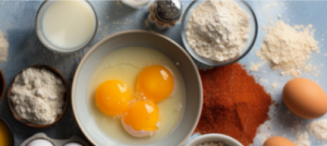 A bowl of fresh egg yolks surrounded by ingredients for preparing crisp chicken lollipop